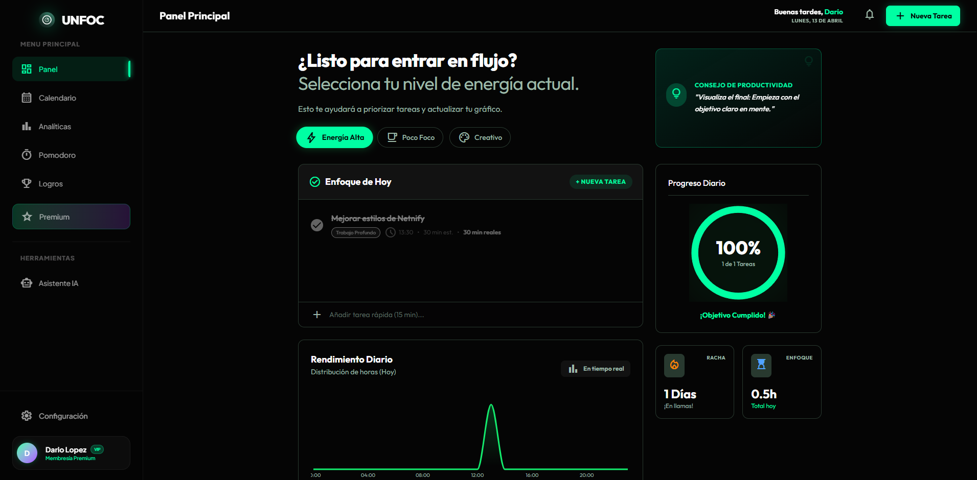 Panel principal de Unfoc